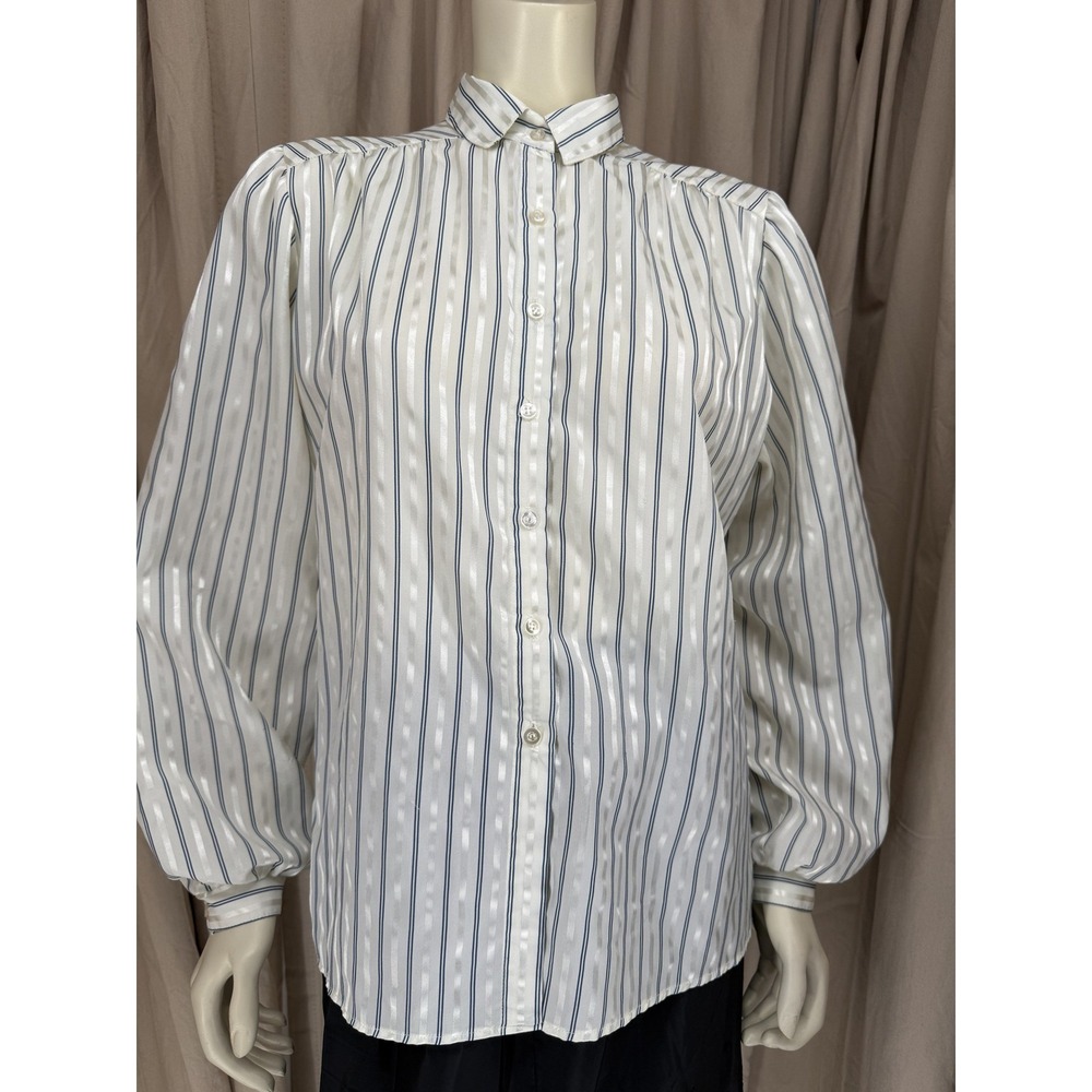 Vintage Koret Striped Blouse Navy White Button Down Puffed Shoulder Top